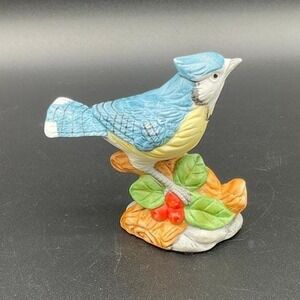 Whitehall Society Blue Jay Figurine Bird on Branch Porcelain Decor 3" Tall